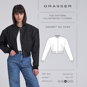Könnte beinhalten: Eine schwarze Bomberjacke mit Knopfleiste, gerippten Bündchen und Saum. Das Bild enthält eine technische Strichzeichnung der Jacke, den Text GRASSER, PDF PATTERN + ILLUSTRATED TUTORIAL, JACKET No.1023 sowie Angaben zu den Größen.