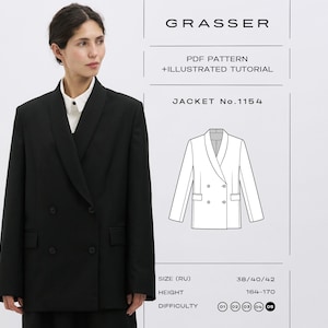 Könnte beinhalten: Eine schwarze zweireihige Jacke mit Schalkragen und Pattentaschen. Daneben zeigt eine digitale Schnittmusterdatei mit der Aufschrift GRASSER PDF PATTERN + ILLUSTRATED TUTORIAL JACKET No.1154 eine technische Skizze der Jacke mit Größenangaben.