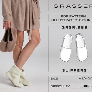 May include: A PDF pattern for making slippers, with an illustrated tutorial. The pattern is for sizes 41, 42, and 43. The difficulty level is rated as 1, 2, 3, 4, or 5. The pattern is called "GRSR.989" and is from the brand "GRASSER".