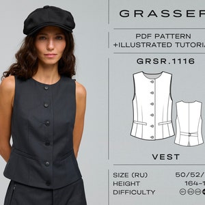 May include: A woman wearing a dark gray vest with a matching cap. The vest has a button-up front and small pockets. The image includes a diagram of the vest and text that reads "GRASSER PDF PATTERN + ILLUSTRATED TUTORIAL GRSR.1116 VEST".
