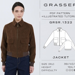 Peut inclure: Veste en daim marron avec fermeture éclair, deux poches avant et bord-côtes aux poignets et à l'ourlet. L'image comprend un schéma de la veste et le texte "GRASSER PDF PATTERN + ILLUSTRATED TUTORIAL GRSR.1322 JACKET".