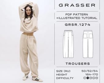 May include: A beige sweat suit consisting of a cropped sweatshirt and matching sweatpants. The image also includes a pattern for trousers with the text "GRASSER", "PDF PATTERN + ILLUSTRATED TUTORIAL", and "GRSR.1274".