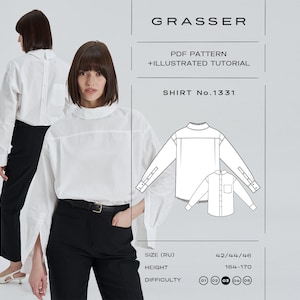 Könnte beinhalten: Ein weißes Langarmhemd mit hohem Kragen und Manschettenknöpfen, kombiniert mit einer schwarzen Hose. Das Bild enthält eine Skizze des Hemdes und den Text "GRASSER", "SHIRT No.1331" sowie Größenangaben und Schwierigkeitsgrad.