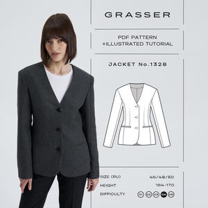Puede incluir: Una mujer con una blazer gris oscuro con cuello en V y tres botones. La imagen incluye el texto "GRASSER", "PDF PATTERN + ILLUSTRATED TUTORIAL" y "JACKET No.1328". El nivel de dificultad se indica con círculos numerados.