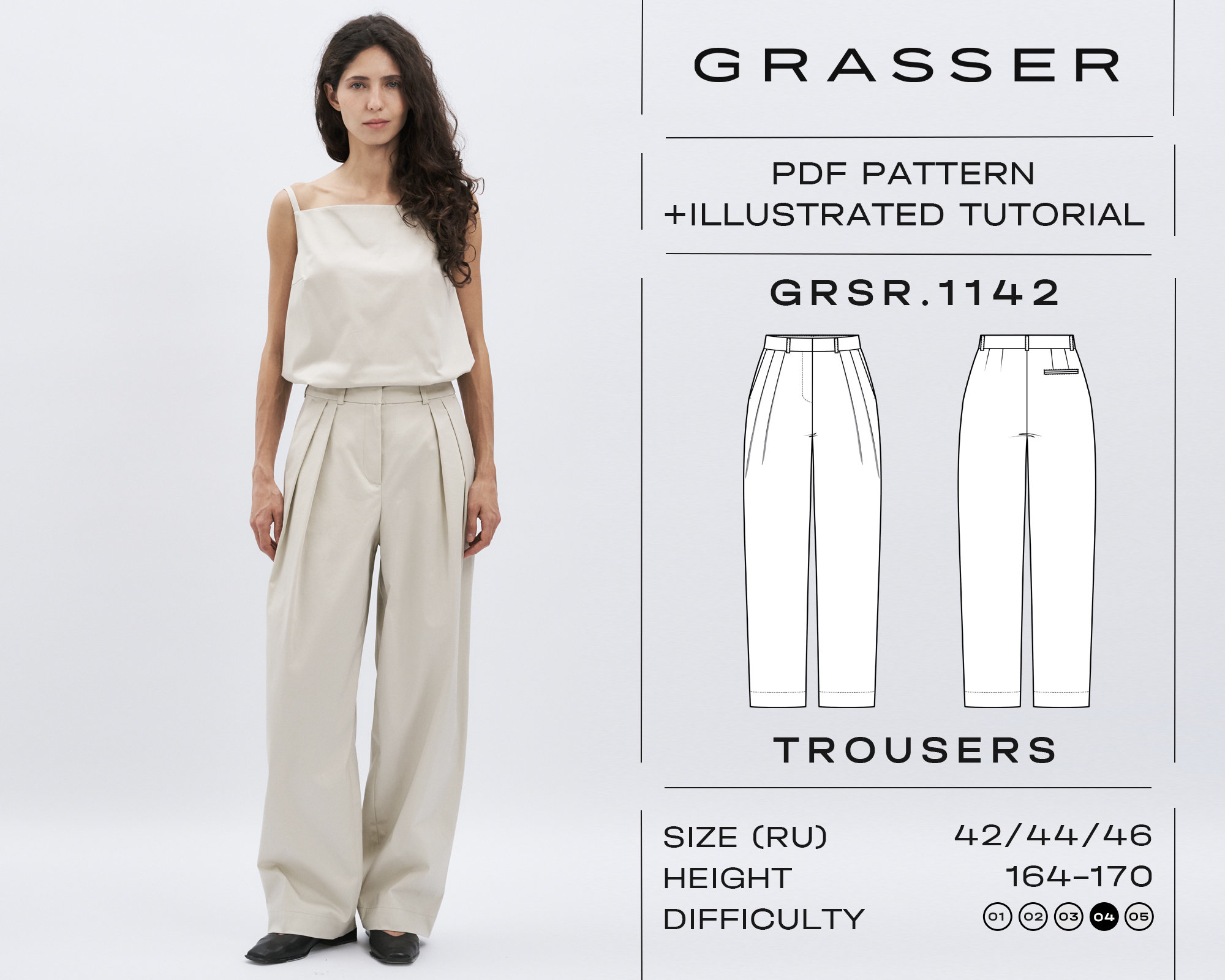 Loose fit trousers pdf sewing pattern for women sizes 42 / 44 / 46 (RU) | model No. 1142