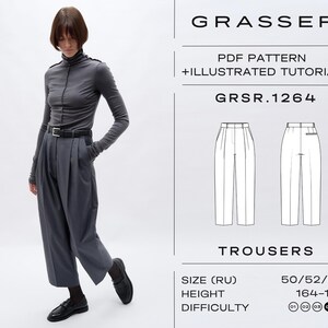 May include: A woman wearing a gray turtleneck and matching trousers, with a black belt and shoes. The image includes a pattern for trousers, with the text "GRASSER PDF PATTERN + ILLUSTRATED TUTORIAL GRSR.1264 TROUSERS".