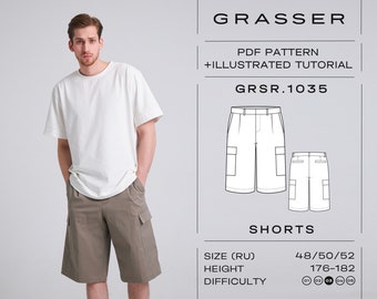Cargo shorts pdf sewing pattern for men | sizes 48 / 50 / 52 (RU) | model No. 1035