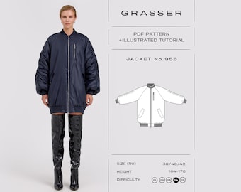 May include: A navy blue bomber jacket with a front zipper, ribbed cuffs, and a chest pocket. The image includes text: GRASSER, PDF PATTERN + ILLUSTRATED TUTORIAL, JACKET No.956, SIZE (RU) 38/40/42, HEIGHT 164-170, and DIFFICULTY level 04.