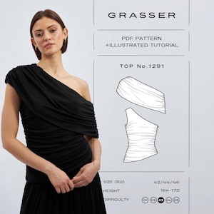 Könnte beinhalten: Ein schwarzes One-Shoulder-Top mit drapiertem Stoff, kombiniert mit einem schwarzen Rock. Das Bild enthält eine Zeichnung des Tops und den Text "GRASSER PDF PATTERN + ILLUSTRATED TUTORIAL TOP No.1291".