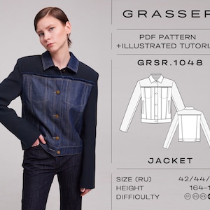 Könnte beinhalten: Eine Frau trägt eine Jeans- und marineblaue Jacke. Die Jacke hat eine Jeansfront mit zwei Taschen und marineblaue Ärmel und Kragen. Das Bild enthält den Text "GRASSER" und "PDF PATTERN + ILLUSTRATED TUTORIAL". Eine Strichzeichnung der Jacke ist ebenfalls abgebildet.