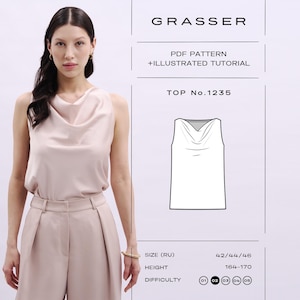 May include: A sleeveless light pink top with a cowl neckline worn with matching trousers. The image includes text: GRASSER, PDF PATTERN + ILLUSTRATED TUTORIAL, TOP No.1235, SIZE (RU) 42/44/46, HEIGHT 164-170, and a difficulty rating of 02.