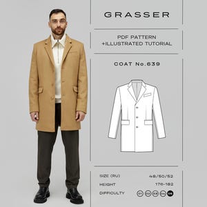 Può includere: Un uomo indossa un cappotto color cammello, pantaloni scuri e scarpe nere. L'immagine include un diagramma del cappotto e il testo "GRASSER PDF PATTERN + ILLUSTRATED TUTORIAL COAT No.639". Il livello di difficoltà è indicato.