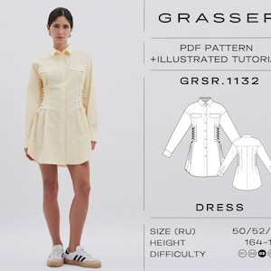 May include: A PDF sewing pattern for a yellow and white striped dress with a lace-up detail. The pattern includes an illustrated tutorial and is for sizes 50/52/54, for heights 5'5"-5'7", and has a difficulty level of 4 out of 8.