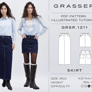 Könnte beinhalten: Das Bild zeigt ein Jeansrockmuster mit einem PDF-Muster und einer illustrierten Anleitung. Der Rock wird in zwei Stilen gezeigt, einem langen Rock und einem Minirock. Der Text auf dem Bild lautet "GRASSER" und "SKIRT". Der Schwierigkeitsgrad wird durch Kreise angezeigt.