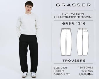 Barrel Leg Jeans Sewing Pattern PDF | Men's Baggy Trousers | Sizes 48 / 50 / 52 (RU) | Grasser Pattern No. 1316