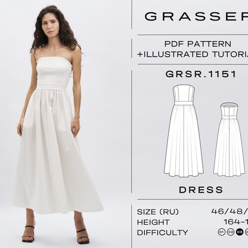 strapless dress sewing pattern Slip PDF | Sizes 4-16 (EU 34-46) | Two Length Options | Instant Download Strapless Midi Dress Sewing Pattern