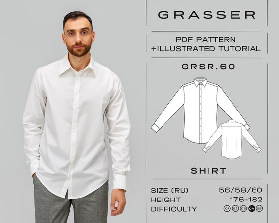 men's dress shirt pattern pdf Long Sleeve Dress Shirt Sewing Pattern PDF (size US34-42,EU44-52) Kent  Collar | 2 Button Cuff