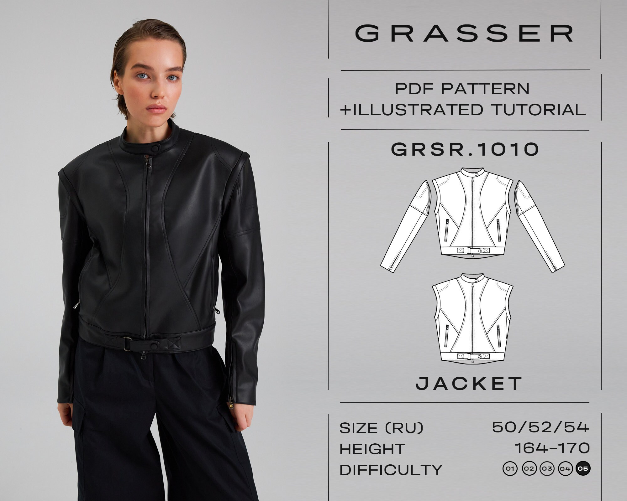 Leather Jacket Pdf Sewing Pattern for Women | Sizes 50 / 52