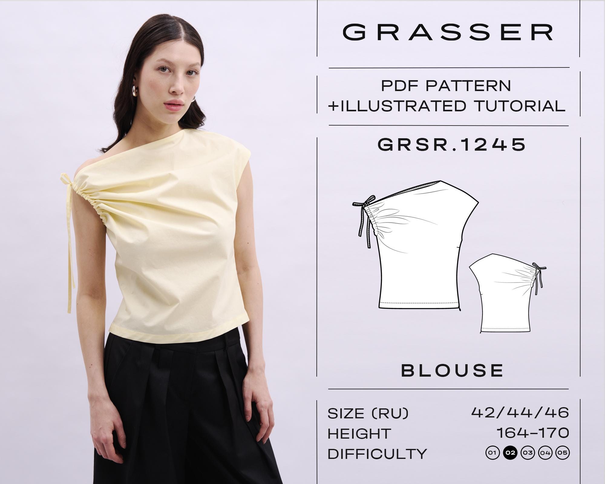 トップスパターン ワンショルダーブラウスの縫製パターン PDF | 簡単ドレープトップスの