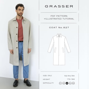 Puede incluir: Una gabardina beige con cuello y cierre de botones, combinada con una camiseta roja y pantalones azules. La imagen incluye un dibujo técnico de la prenda, etiquetado como GRASSER PDF PATTERN + ILLUSTRATED TUTORIAL COAT No.827.