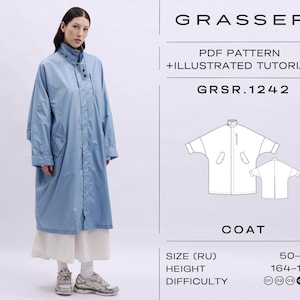 May include: A pale blue coat with a high collar and a zip. The coat is worn by a person. The image also includes a diagram of the coat and the text "GRASSER PDF PATTERN + ILLUSTRATED TUTORIAL GRSR.1242 COAT".