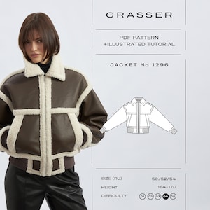 Könnte beinhalten: Eine braune Jacke mit weißem Kunstfellbesatz, hohem Kragen und Reißverschluss. Der Text lautet GRASSER, PDF PATTERN + ILLUSTRATED TUTORIAL, JACKET No.1296, SIZE (RU) 50/52/54, HEIGHT 164-170, DIFFICULTY 04. Enthält eine technische Strichzeichnung.