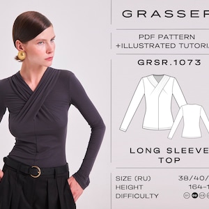 Long sleeve top pdf sewing pattern for beginners sizes 38 / 40 / 42 (RU) | model No. 1073
