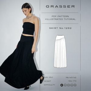 May include: A black maxi skirt with a wide waistband and a diagonal seam, presented as a PDF pattern by Grasser, Skirt No. 1292. The image includes a technical line drawing of the skirt, size range 38/40/42, and height range 164-170.