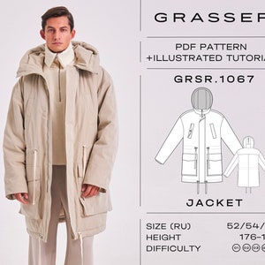 May include: A beige hooded jacket with a drawstring waist and two large pockets. The jacket is shown on a model and has a PDF pattern and illustrated tutorial available. The pattern is for sizes 52/54/56 and heights 176-182 cm. The difficulty level is rated 4 out of 5.
