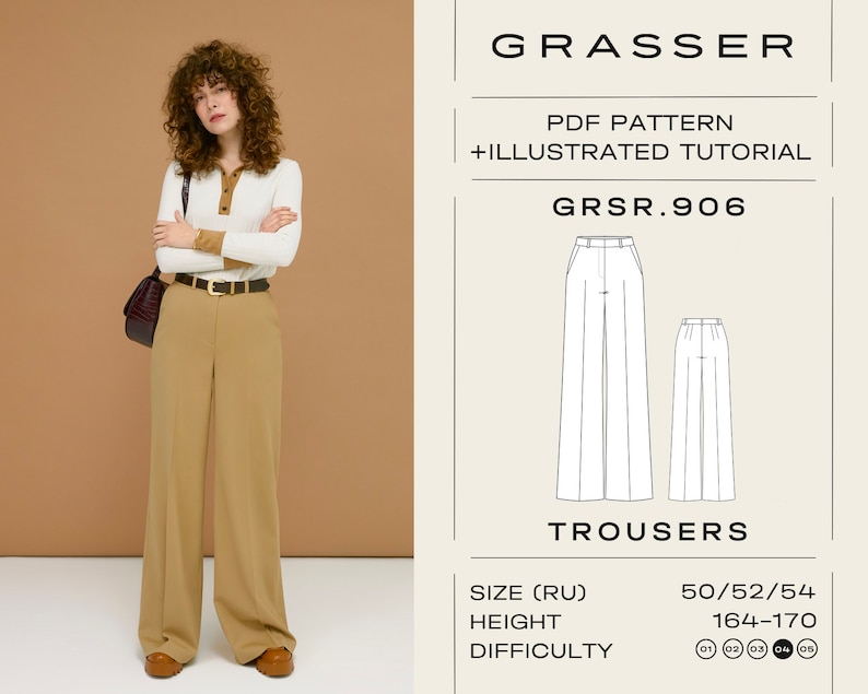 May include: A PDF sewing pattern for wide-leg trousers, labeled "GRSR.906 Trousers". The pattern includes size (50/52/54), height (164-170 cm), and difficulty level (4 out of 5).