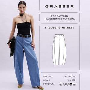 May include: A woman wearing a black tube top and light blue wide-leg trousers, cinched with a black belt. The image includes a line drawing of the trousers and text that reads "GRASSER PDF PATTERN + ILLUSTRATED TUTORIAL TROUSERS No.1234".