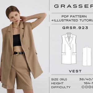 May include: A woman wearing a tan vest, shorts, and a black top. The vest has a double-breasted design and a black belt. The image also includes a diagram of the vest and the text "GRASSER PDF PATTERN + ILLUSTRATED TUTORIAL".