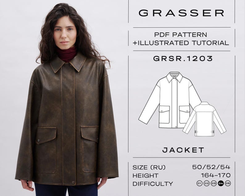 Boxy Leather Jacket Sewing Pattern PDF | Sizes 50 / 52 / 54 (RU ...