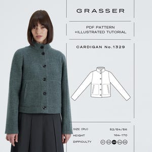 Könnte beinhalten: Eine Frau trägt einen teal-grünen Cardigan mit schwarzen Knöpfen und Taschen. Das Bild enthält den Text "GRASSER", "PDF PATTERN + ILLUSTRATED TUTORIAL" und "CARDIGAN No.1329". Der Schwierigkeitsgrad wird durch nummerierte Kreise angezeigt.