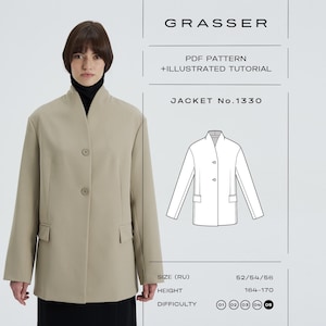 May include: A woman wearing a beige jacket with a mandarin collar and two front pockets. The jacket has three buttons and is part of a PDF pattern with an illustrated tutorial. The text on the image says "GRASSER" and "JACKET No.1330".