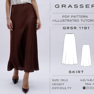May include: A PDF sewing pattern for a brown skirt with a simple, flowing silhouette. The pattern includes instructions and is for sizes 46, 48, and 50. The pattern is for a height of 164-170 cm. The difficulty level is rated 1-4.