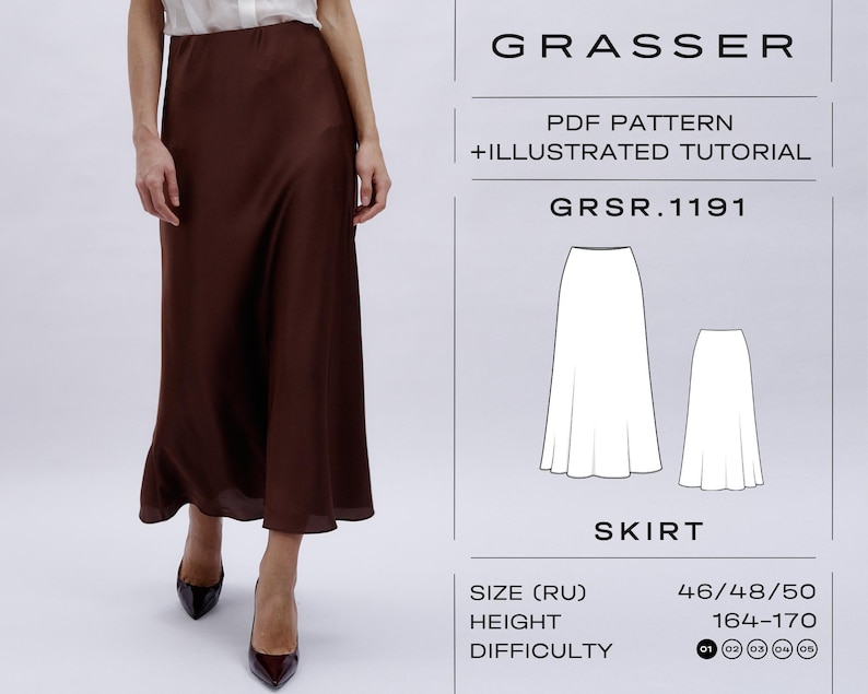 May include: A PDF sewing pattern for a brown skirt with a simple, flowing silhouette. The pattern includes instructions and is for sizes 46, 48, and 50. The pattern is for a height of 164-170 cm. The difficulty level is rated 1-4.