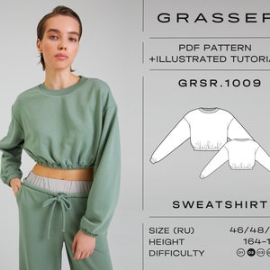 Cropped sweatshirt sewing pattern with tutorial sizes 46 / 48 / 50 (RU) | model No. 1009