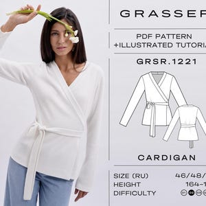 Wrap Cardigan Sewing Pattern PDF | Tie Front Sweater | Sizes 46 / 48 / 50 (RU) | Pattern No. 1221 | Beginner-Friendly DIY Cardigan