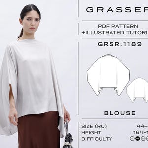 Puede incluir: Un patrón de costura PDF para una blusa con un escote amplio y fluido y mangas. El patrón incluye un tutorial ilustrado y está disponible para las tallas 44-48, con una altura de 164-170 cm. El nivel de dificultad está clasificado del 01 al 08.