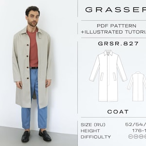 May include: A man in a light beige coat, red shirt, and blue trousers. The image includes a coat diagram with the text "GRASSER PDF PATTERN + ILLUSTRATED TUTORIAL" and "COAT". The size is 52/54/56 and the height is 176-182 cm.