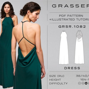 Rückenfreies Kleid Schnittmuster PDF | Digitaler Download | Größen 38 / 40 / 42 (RU) | Grasser-Muster Nr. 1082