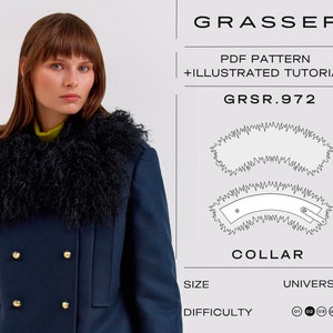 May include: A PDF sewing pattern for a collar, labelled "GRSR.972" and "COLLAR". The pattern is for a universal size and has a difficulty level of 1 to 4. The image also shows a woman wearing a blue coat with a black fur collar.
