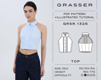 Neckholder Crop Top Schnittmuster PDF | Rückenfreies Cropped Shirt | Größen 50 / 52 / 54 (RU) | Grasser-Muster Nr. 1325