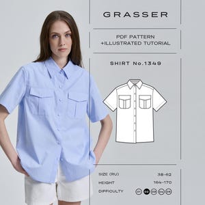 Könnte beinhalten: Ein hellblaues kurzärmeliges Hemd mit Knopfleiste und zwei Brusttaschen. Das Bild enthält den Text: GRASSER, PDF PATTERN + ILLUSTRATED TUTORIAL, SHIRT No.1349, SIZE (RU) 38-62, HEIGHT 164-170, DIFFICULTY 02 sowie eine technische Strichzeichnung.