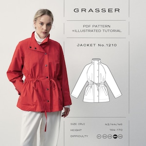 Op de afbeelding: Een rode jas met een hoge kraag, drukknopen en een trekkoord in de taille. De afbeelding bevat de tekst: GRASSER, PDF PATTERN + ILLUSTRATED TUTORIAL, JACKET No.1210, SIZE (RU) 42/44/46, HEIGHT 164-170 en een technische lijntekening van de jas.