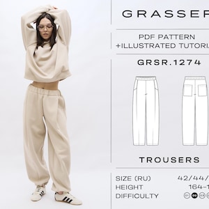May include: A beige sweat suit consisting of a cropped sweatshirt and matching sweatpants. The image also includes a diagram of the trousers, and text that reads "GRASSER PDF PATTERN + ILLUSTRATED TUTORIAL GRSR.1274 TROUSERS".