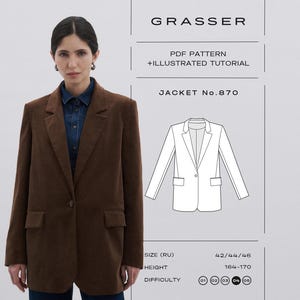 May include: A woman wearing a brown corduroy jacket over a denim shirt. The jacket has a single-button closure and two front pockets. The image includes text that reads "GRASSER", "PDF PATTERN + ILLUSTRATED TUTORIAL", and "JACKET No.870".