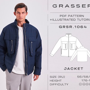 May include: A navy blue jacket with two large pockets and a zip closure. The jacket is shown on a model. The text on the image reads "GRASSER", "PDF PATTERN + ILLUSTRATED TUTORIAL", "GRSR.1064", "JACKET", "SIZE (RU) 56/58/60", "HEIGHT 176-182", "DIFFICULTY (01) (02) (03) 04".