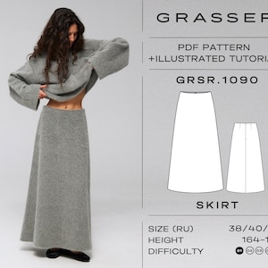 Puede incluir: Un patrón de costura PDF para una falda, con un tutorial ilustrado. El patrón es para una falda larga y de línea A. El patrón está disponible en las tallas 38, 40 y 42. El patrón es para una altura de 164-170 cm. El nivel de dificultad está clasificado de 1 a 4, siendo 1 el más fácil y 4 el más difícil. El patrón es para una falda, y el texto en la imagen dice "GRASSER, PDF PATTERN + ILLUSTRATED TUTORIAL, GRSR.1090, SKIRT, SIZE (RU) 38/40/42, HEIGHT 164-170, DIFFICULTY 01 02 03 04 08".